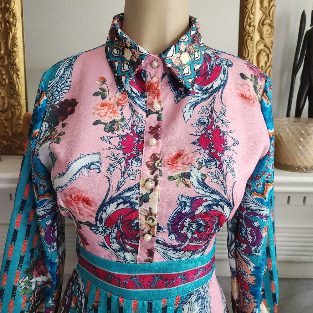 Dalia MacPhee Green Pink Floral Dress Size M Jacquard Bohemian Retro Patchwork - Picture 7 of 10